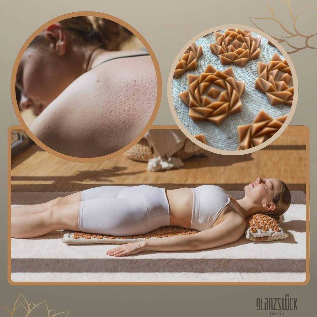 Glanzstück Berlin® Health Collection: XL Akupressurmatte Set ORIGINAL aus Leinen, Hilfe bei Verspannungen, Rückenschmerzen, Massagematte mit Kissen (Wärmefunktion) & Tasche, nachhaltig