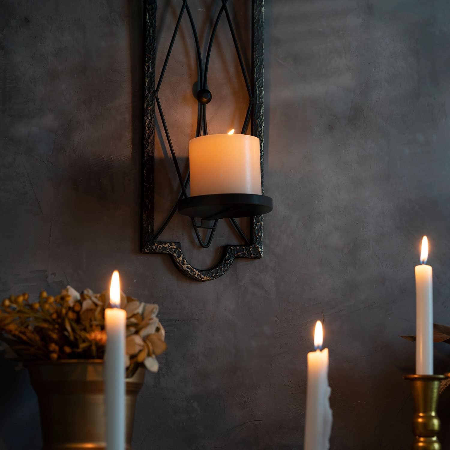 2 Stück Kerzenhalter Wand Vintage,Hängende Metall Wandkerzenhalter für Wanddeko(Schwarz und Gold)