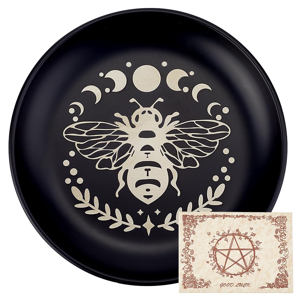 CREATCABIN Phase Moon Star Opferschale Altar Ritualplatte Edelstahl Flache Schale Rundes Tablett Gebetsschale Kerzenhalter Mit Karte Schwarze Schmuckschale Zum Räuchern Räuchergefäß Dekoration 14cm