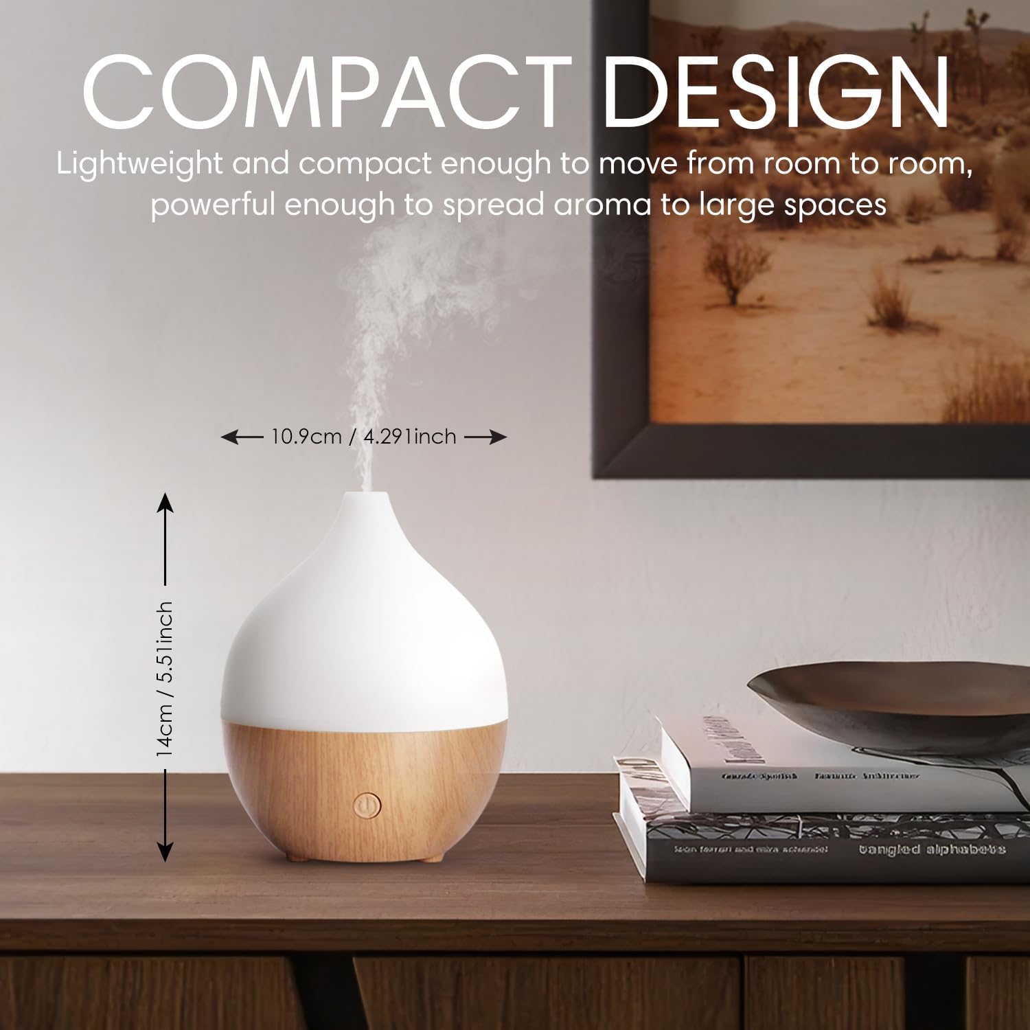 SALKING Aroma Diffuser, 100 ml Small Ultrasonic Aromatherapy Diffuser for Essential Oils, with Automatic Shut-Off Function, Warm White Light, White Wood Grain Diffuser for Home, Office or Yoga