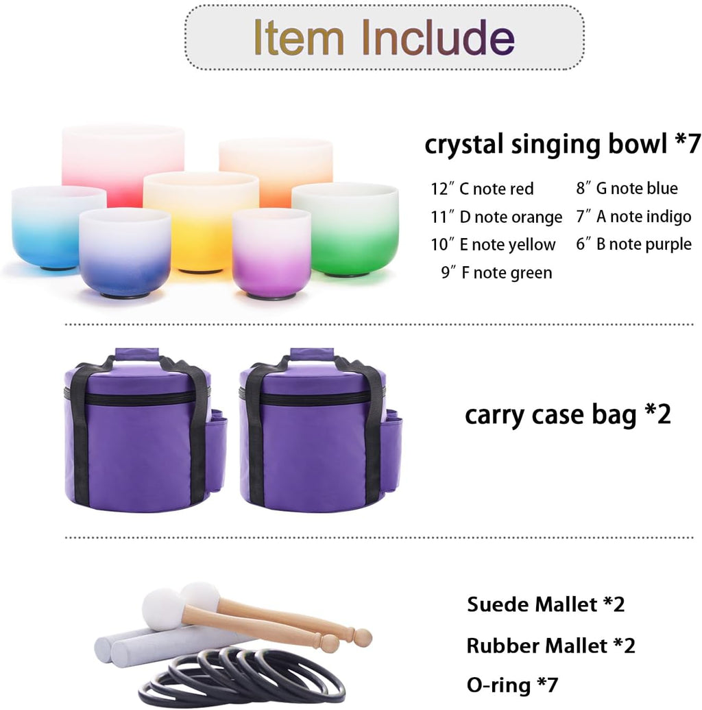 KVKA Kristall-Klangschalen Set, 6-12 inch 432Hz Gradien Quarz Chakra Sound Healing Klangschalen für Yoga Meditation Entspannung Stressabbau mit Tragetasche