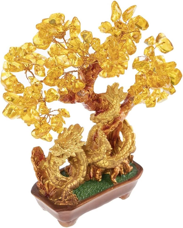 lachineuse - Drachenbaum aus gelbem Citrin – Feng Shui Baum 19 cm – asiatische Dekoration Japanischer Drache – Glücksbaum mit goldenem Drachen – asiatische Deko mit Edelsteinen – Objekt Japan Zen