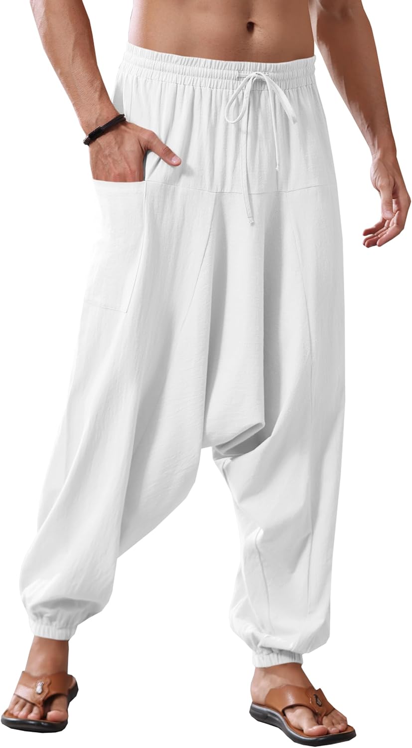Runcati Mens Harem Pants Baggy Hippie Casual Cotton Linen Loose Boho Yoga Beach Drop Crotch Trouser