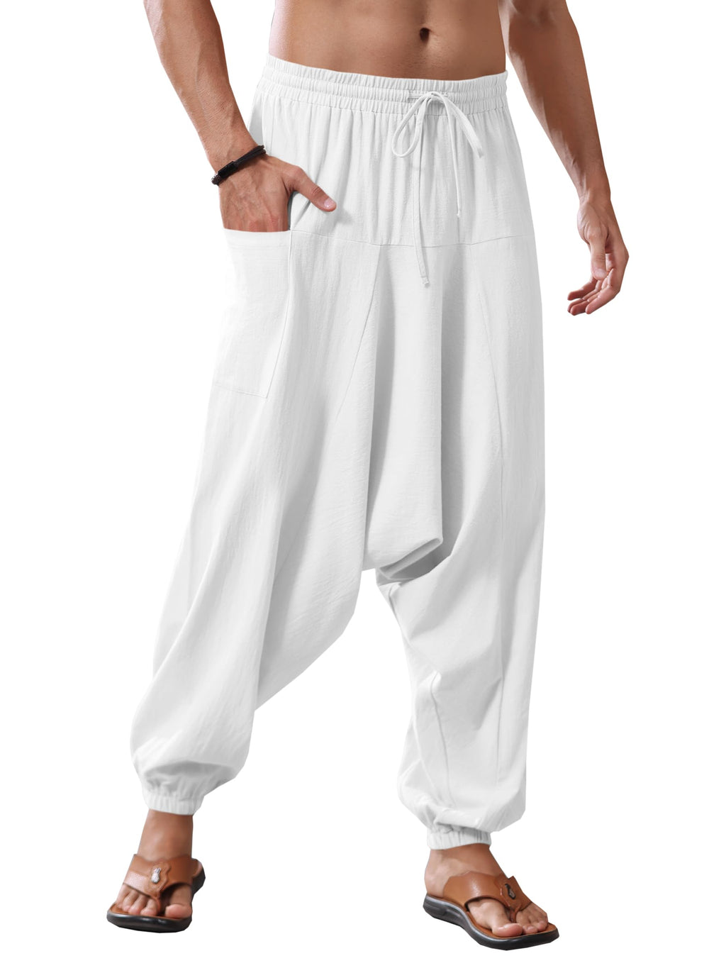Runcati Mens Harem Pants Baggy Hippie Casual Cotton Linen Loose Boho Yoga Beach Drop Crotch Trouser