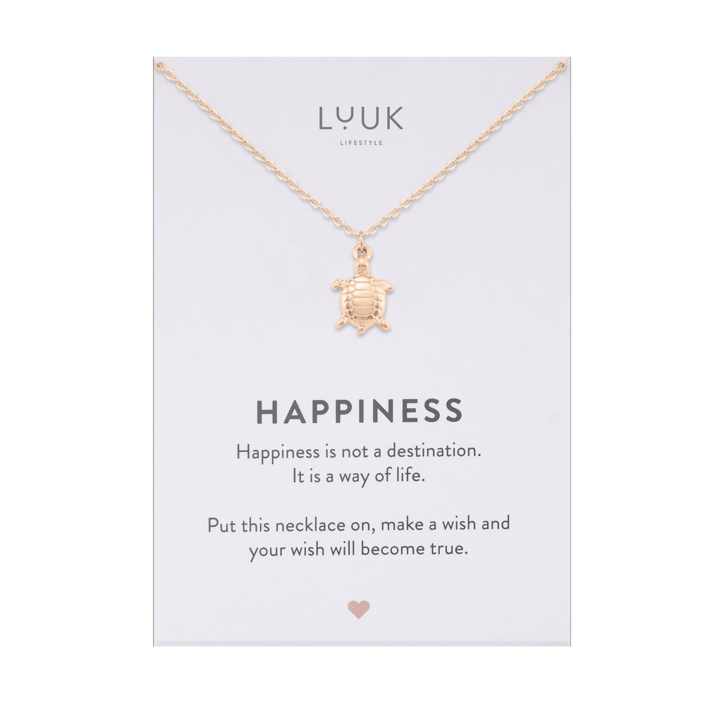 LUUK LIFESTYLE Filigrane Halsketten mit Anhänger und Karte mit HAPPINESS Spruch, zeitloses Design und moderne Motive, in Silber, Gold und Rosegold