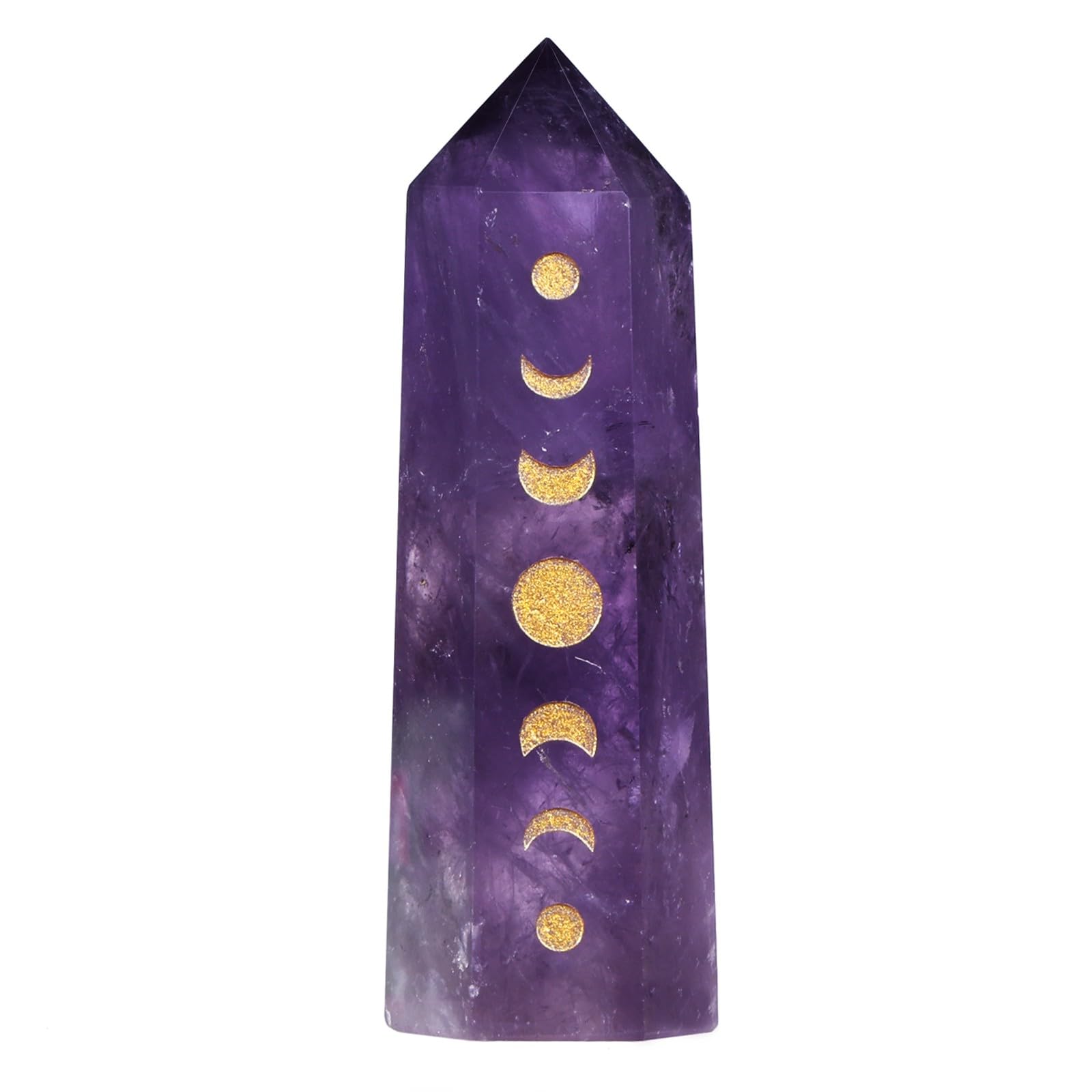 Heilstein Einzelpunktstab für Meditation Chakra-Ausgleich, Gravierte Mondphasen-Facetten-Kristallturm für die Dekoration zu Hause, Flusspat
