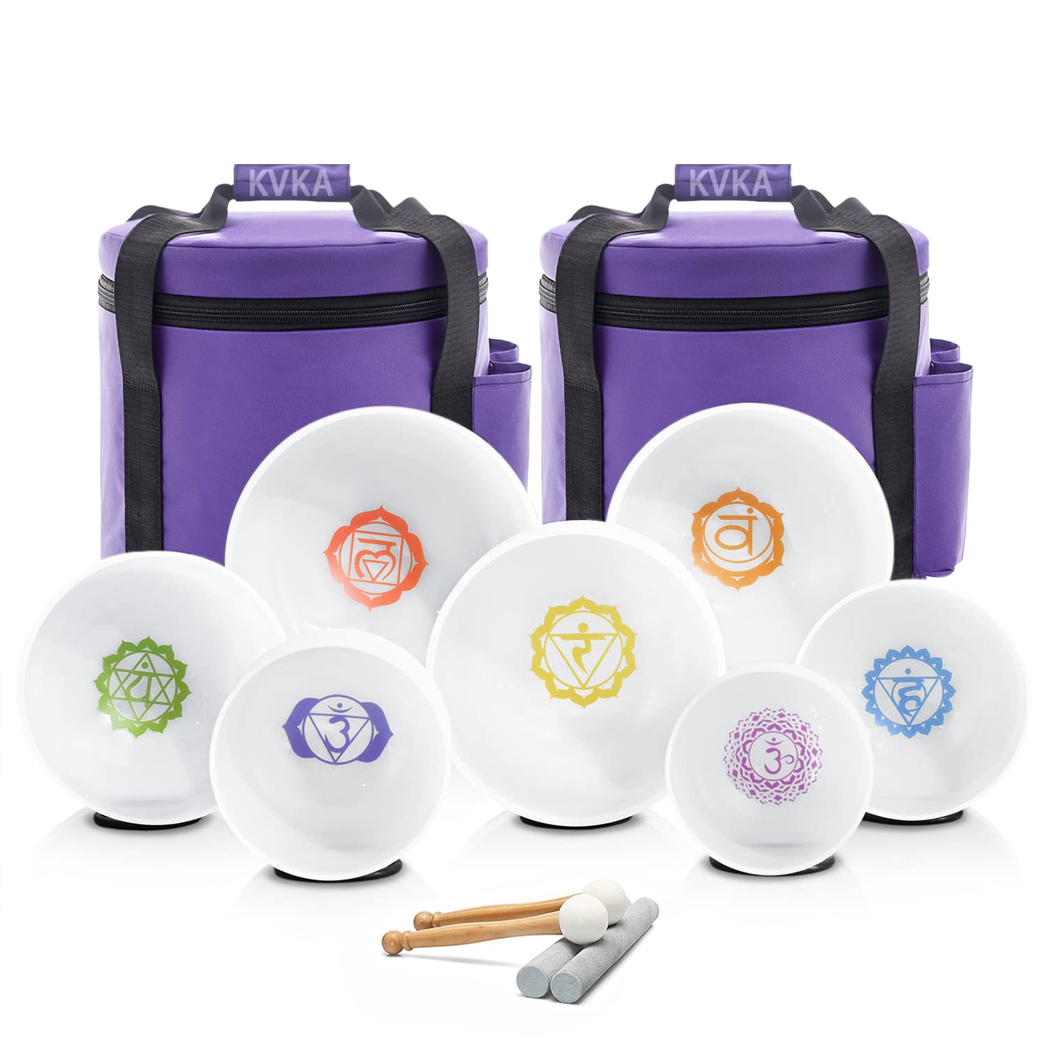 KVKA Kristall-Klangschalen Set, 6-12 inch 432Hz Weiß Frosted Quarz Chakra Sound Healing Klangschalen für Meditation Yoga Entspannung Stressabbau mit Tragetasche