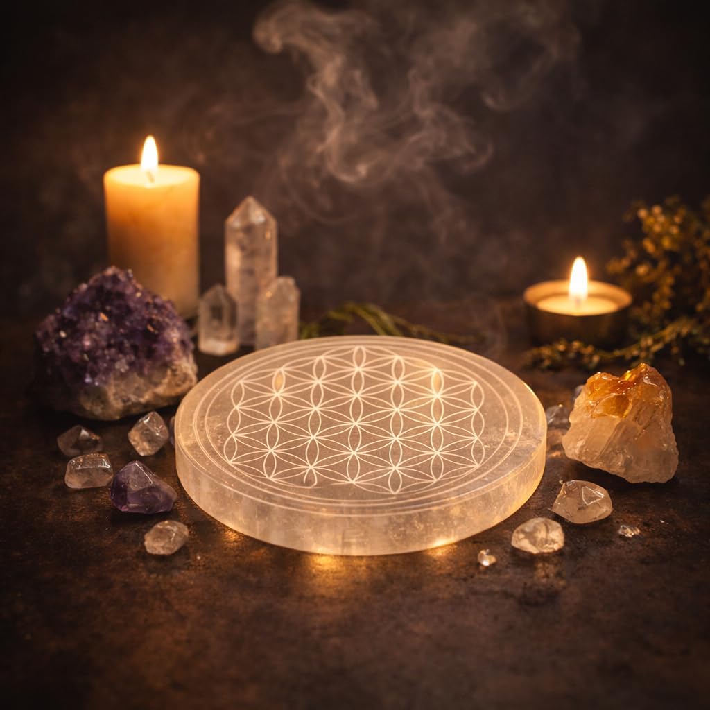 NKlaus Selenite Plate 12 cm - Handmade Healing Stone Charging Plate with Flower of Life Engraving, Polished & Energising, Ideal for Reiki, Meditation & Decoration