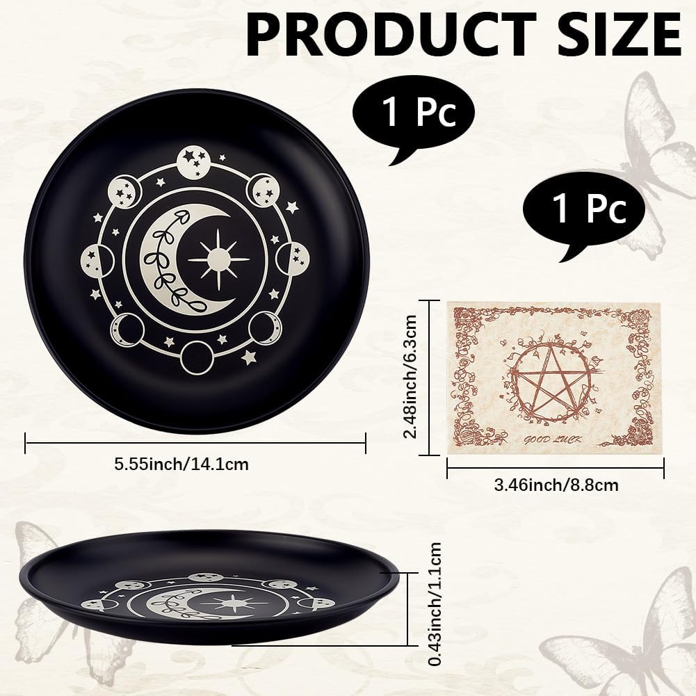 CREATCABIN Phase Moon Star Opferschale Altar Ritualplatte Edelstahl Flache Schale Rundes Tablett Gebetsschale Kerzenhalter Mit Karte Schwarze Schmuckschale Zum Räuchern Räuchergefäß Dekoration 14cm