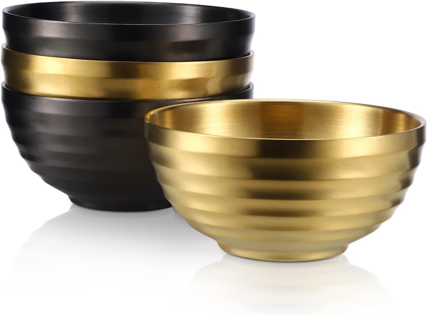 4er Edelstahl Schüsseln Doppelschicht Isolierte Nudelsuppe Schüssel Reis Schüssel Salat Schüssel Müslischalen, Schüsseln für Obst Getreide Snack Vorspeise, Geschirrspüler Sicher (Gold&Schwarz,14cm)