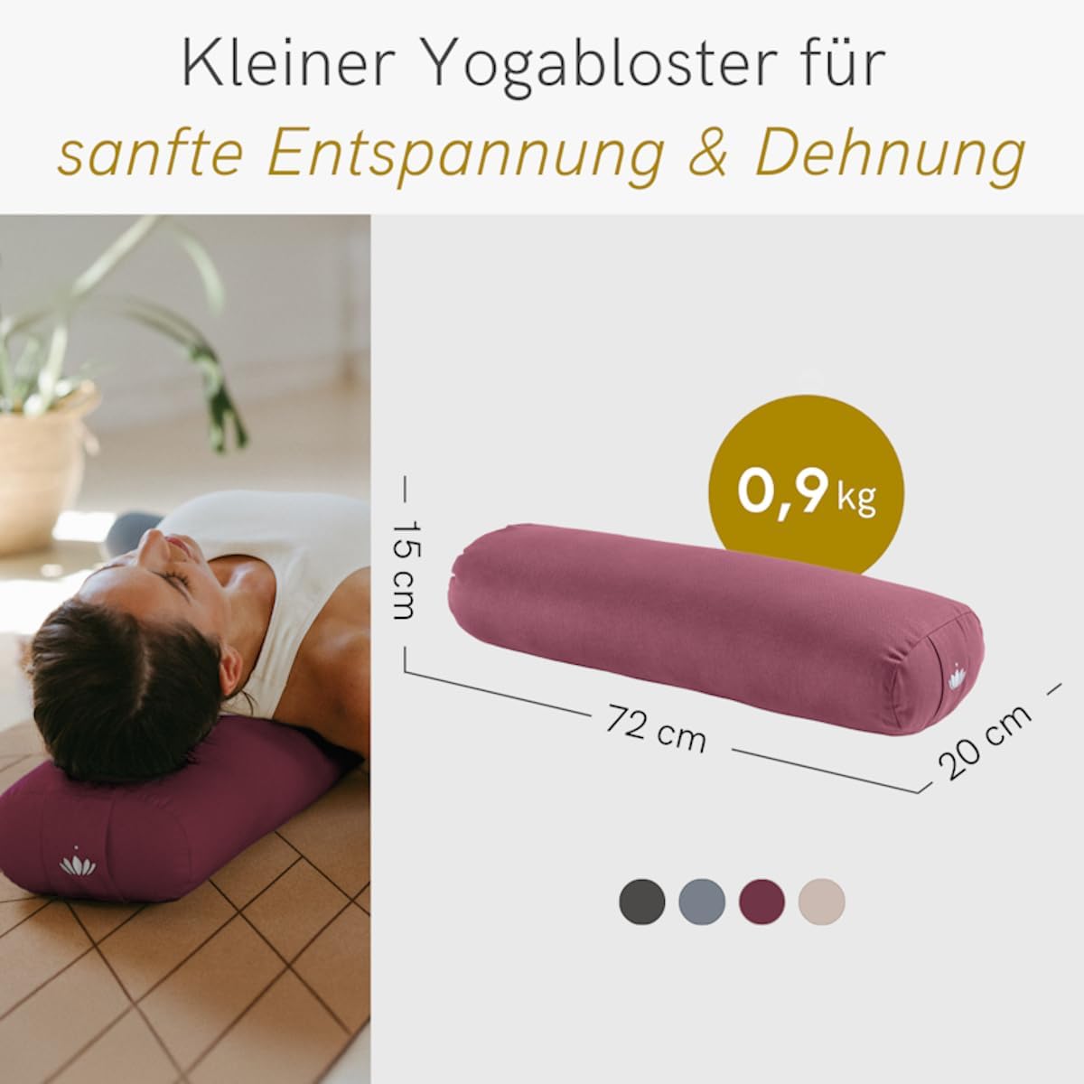 Lotuscrafts® Bolster Yoga Bolster for Yin, 100% Kapok Filling, Washable Cotton Cover, Cushion for Restorative Yoga Exercises