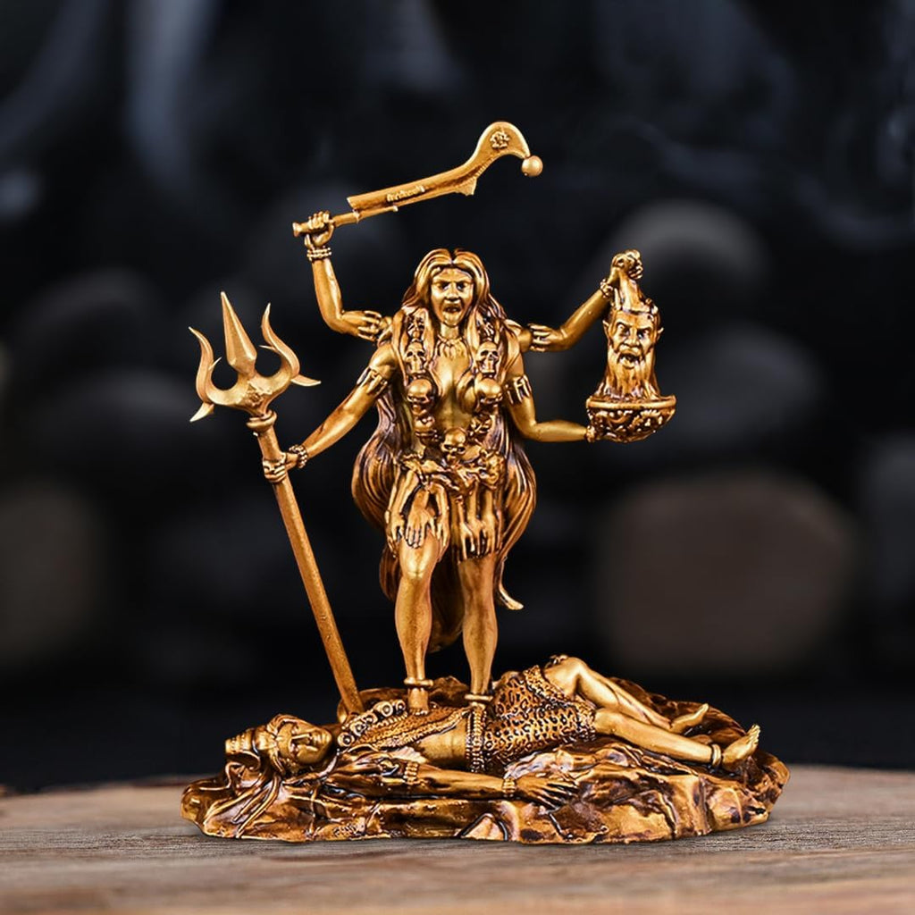 Artarium Kali MATA Statue 4 Inch Antique Gold Finish, Kali Maa Idol, Hindu Goddess Murti for Car Dashboard, Home Temple, Pooja Mandir, Office Desk, Meditation Altar & Spiritual Gift
