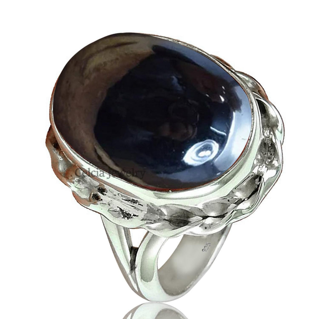 Natürlicher Hämatit-Edelstein-Ovalring, massiver 925er Sterlingsilber-Statement-Ring, organischer Ring, schöner handgefertigter Schmuck zum Verschenken für Frauen (Hämatit, Größe 9,75)