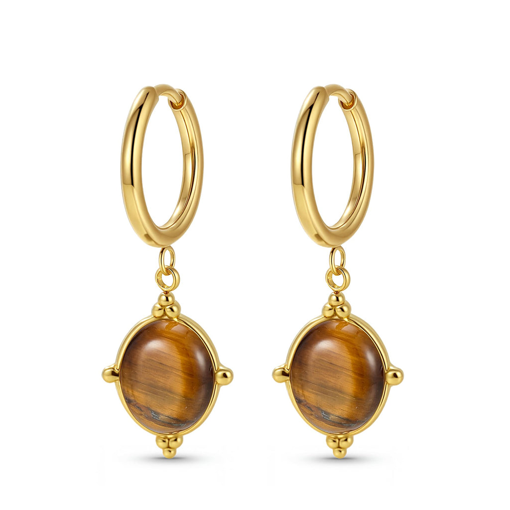 Boho Vintage Ohrringe Gold hängend Damen Creolen mit Naturstein Anhänger Hängeohrringe Klein Elegant