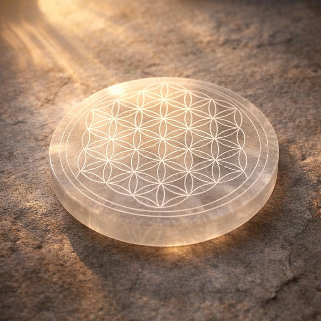 NKlaus Selenite Plate 12 cm - Handmade Healing Stone Charging Plate with Flower of Life Engraving, Polished & Energising, Ideal for Reiki, Meditation & Decoration