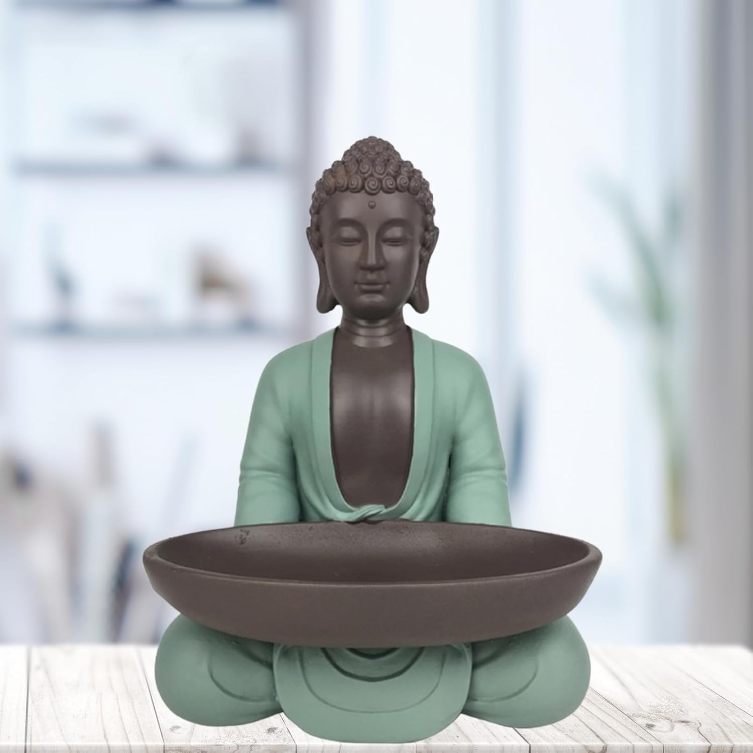 Leere Figur Buddha – Dekoration Zen und Feng Shui – für eine entspannende und spirituelle Atmosphäre – Geschenkidee Glücksbringer – Höhe: 20 cm – Farbe: Grün und Braun – Zen'Light