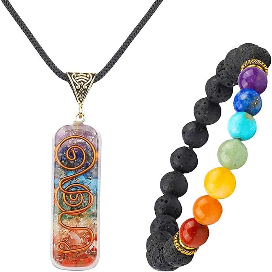 TOFBS Chakra Crystal Pendant Necklace & Bracelet Jewellery Set for Men and Women, Reiki Healing Stone Necklace Bracelet Lucky Charm for Healing Protection Positive Energy Yoga Balance Meditation