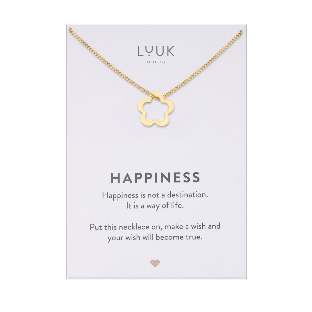 LUUK LIFESTYLE Filigrane Halsketten mit Anhänger und Karte mit HAPPINESS Spruch, zeitloses Design und moderne Motive, in Silber, Gold und Rosegold