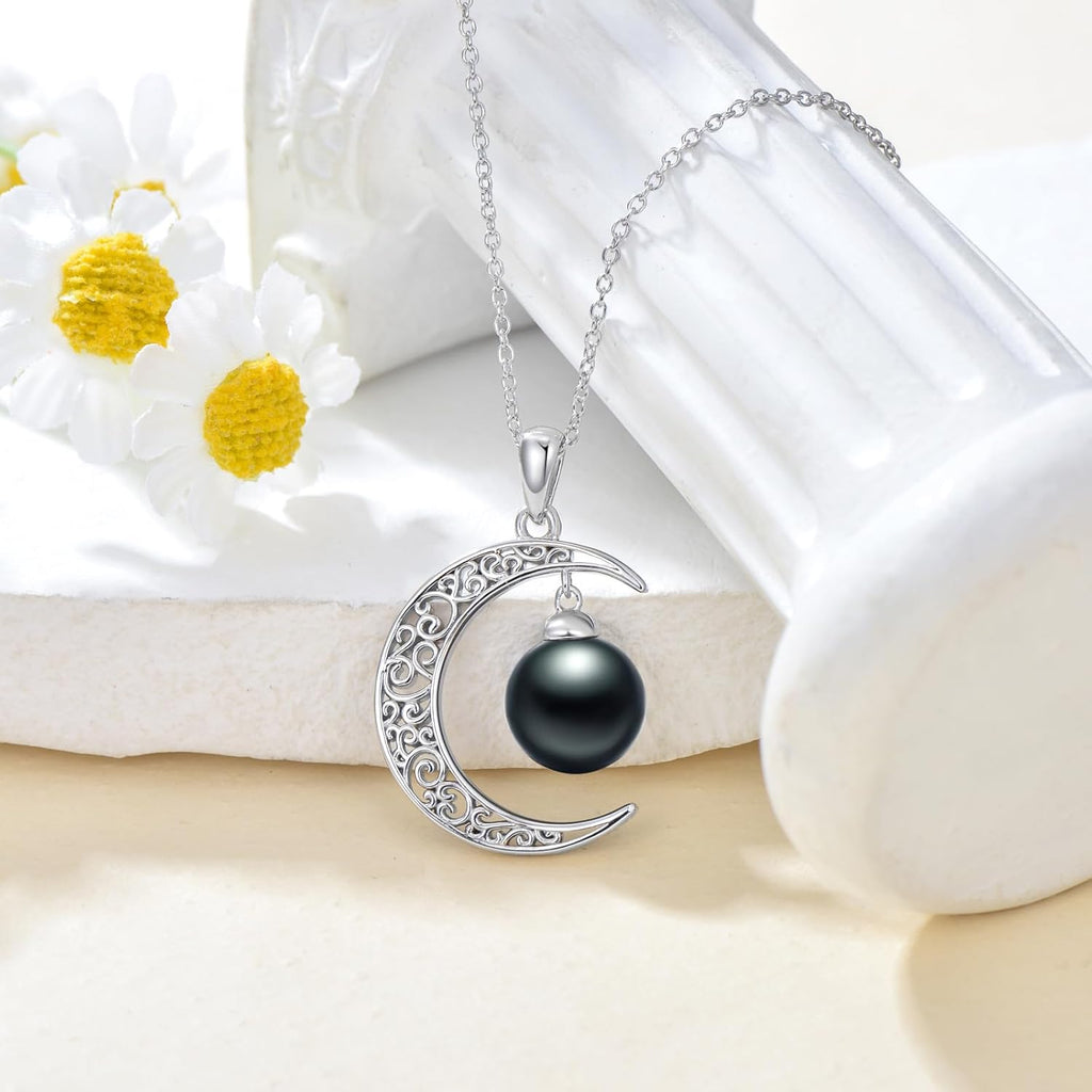 Black Pearl Pedant Necklace Celtic Moon for Womens ,Silver Forever Love 10mm Pearl 18"+2" inches Chain Neckalce for Mother's
