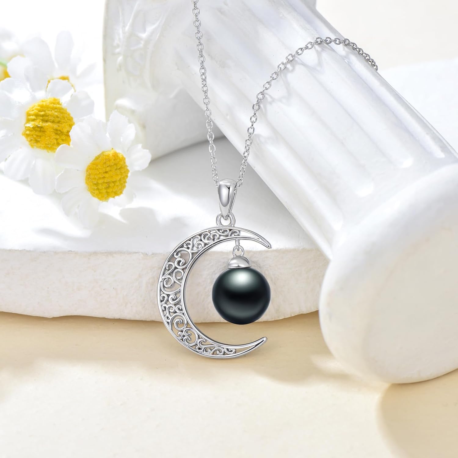 Black Pearl Pedant Necklace Celtic Moon for Womens ,Silver Forever Love 10mm Pearl 18"+2" inches Chain Neckalce for Mother's