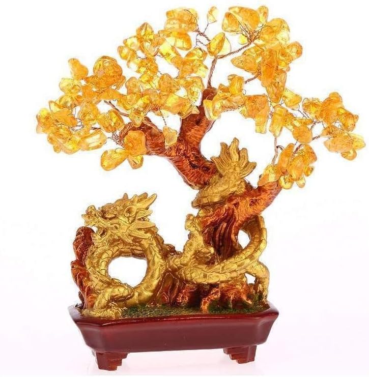 lachineuse - Drachenbaum aus gelbem Citrin – Feng Shui Baum 19 cm – asiatische Dekoration Japanischer Drache – Glücksbaum mit goldenem Drachen – asiatische Deko mit Edelsteinen – Objekt Japan Zen