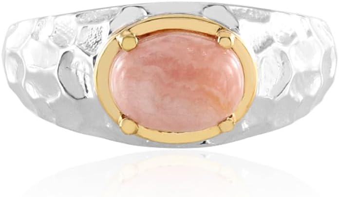 Cavill Silberring 925 platinierter Rhodochrosit 1,91 ct ovaler Cabochon aus Argentinien, moderner gehämmerter Look mit goldfarbenem Akzent, elegant roséfarben, 24x21 mm