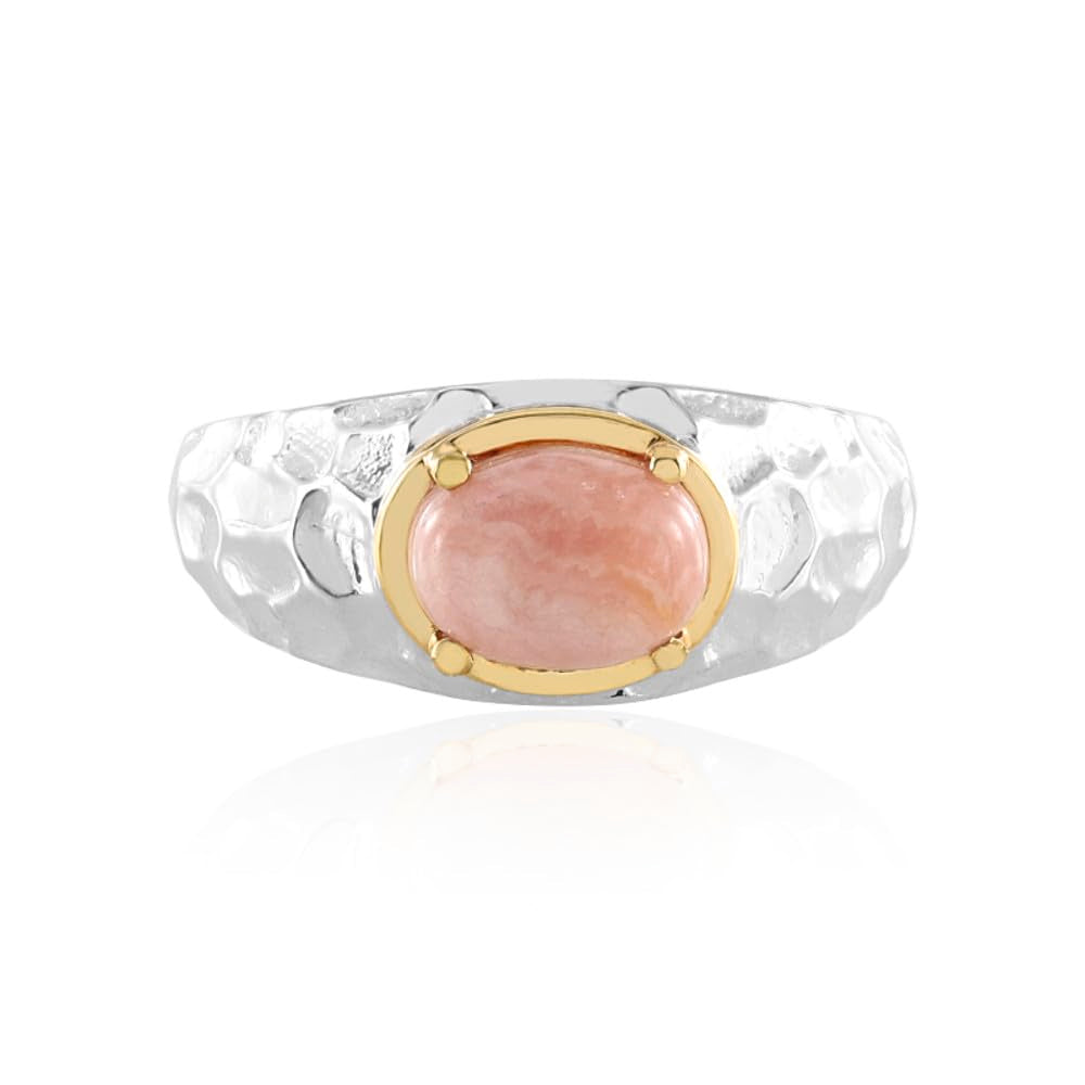 Cavill Silberring 925 platinierter Rhodochrosit 1,91 ct ovaler Cabochon aus Argentinien, moderner gehämmerter Look mit goldfarbenem Akzent, elegant roséfarben, 24x21 mm