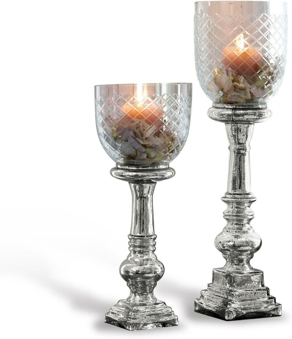 Loberon Windlicht 2er Set Layci, majestätische Wirkung, feiner Rautenschliff, Antik-Finish, Kerzenhalter, für Teelichter oder Stumpenkerzen, Glas, Silber/klar