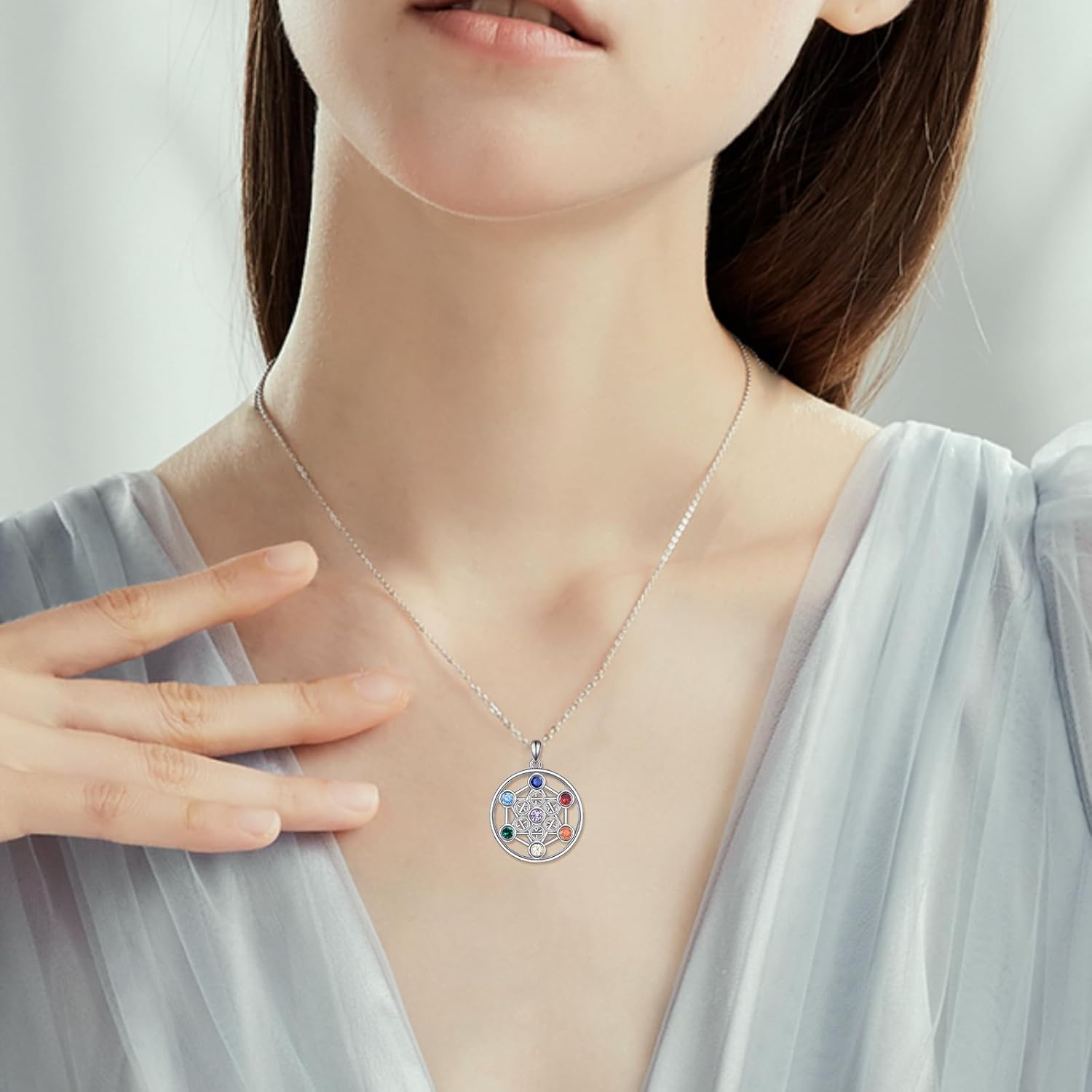 YFN 7 Chakra Necklace Sterling Silver Chakra Pendant Tree / Flower of Life Jewellery Chain Gift for Women Girls Men Boys