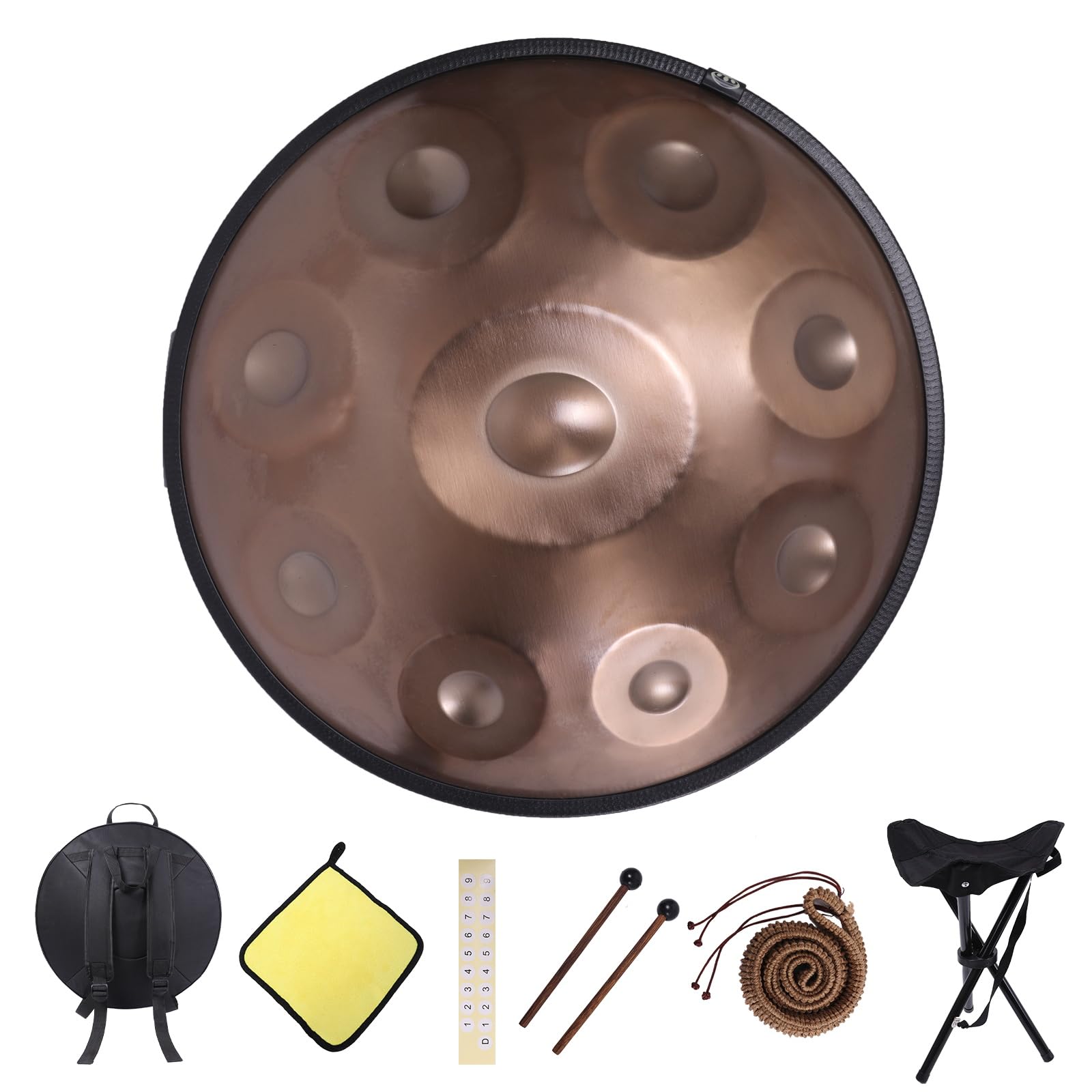 Handpan 22 Inch D Minor Kurd 10 Notes Drum Instrument for Professional Performance, 440HZ Sound Drums for Adults With Bag, Wiping Cloth, and Bracket