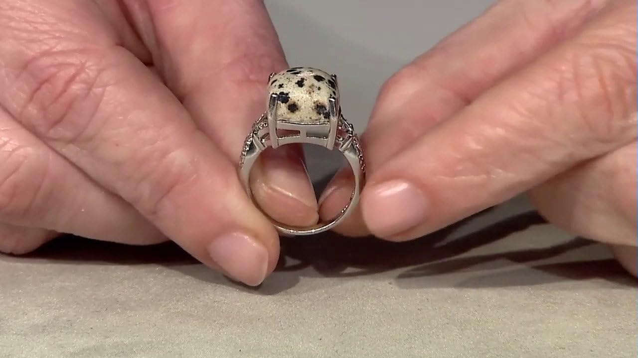 Cavill Dalmatiner-Jaspis Ring 8,06 ct mit 16 weißen Topasen 0,102 ct in 925er Sterlingsilber antiker Kissen-Cabochon-Schliff eleganter Schmuck USA Brasilien