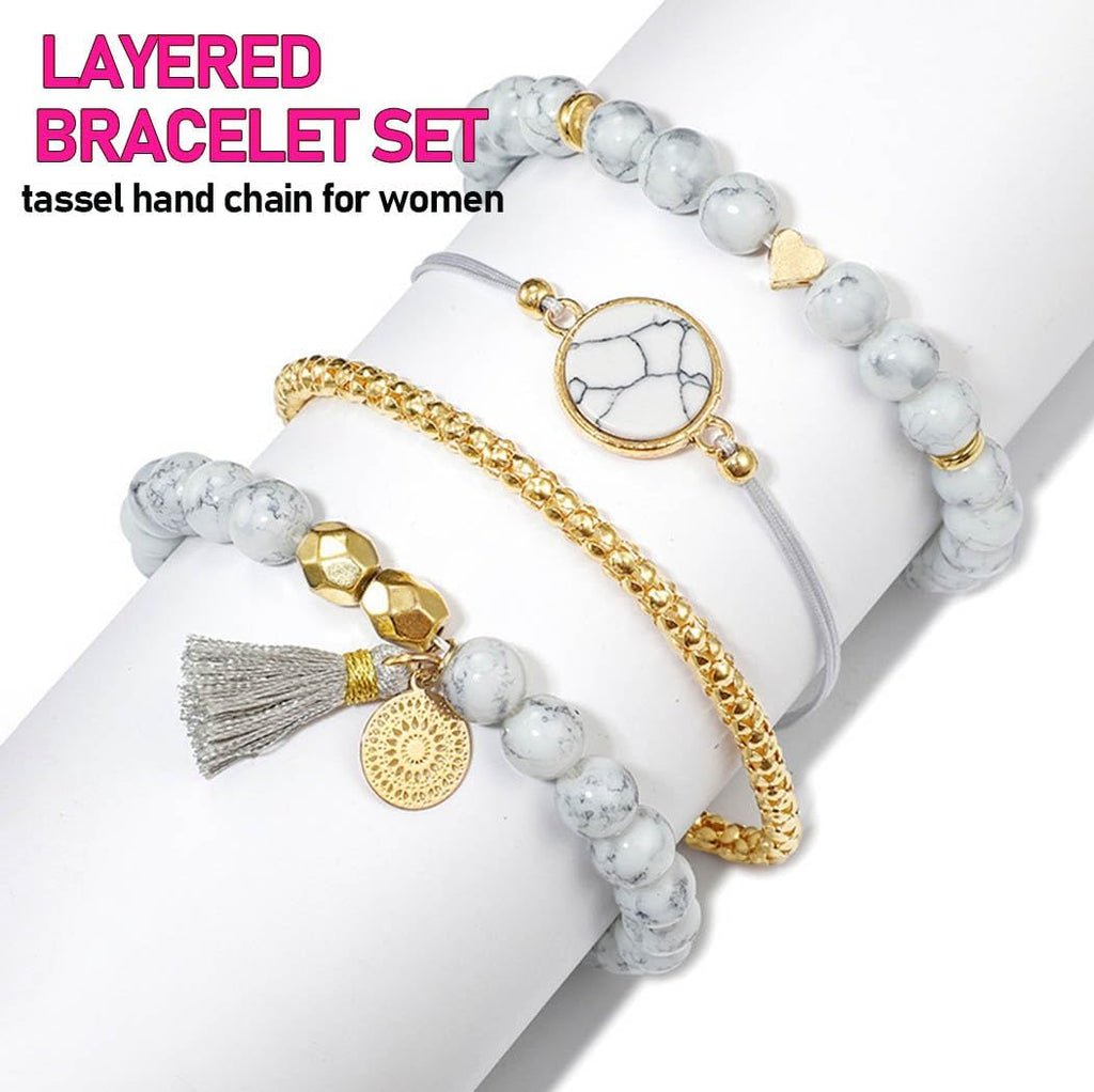 Edary Armband-Set mit Quasten, weißes Marmor-Armband, mit Herz, Perlen-Handkette, verstellbar, für Damen und Mädchen (4 Stück)