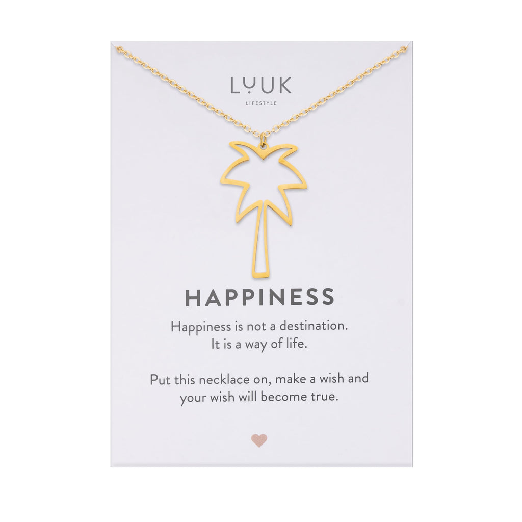 LUUK LIFESTYLE Filigrane Halsketten mit Anhänger und Karte mit HAPPINESS Spruch, zeitloses Design und moderne Motive, in Silber, Gold und Rosegold
