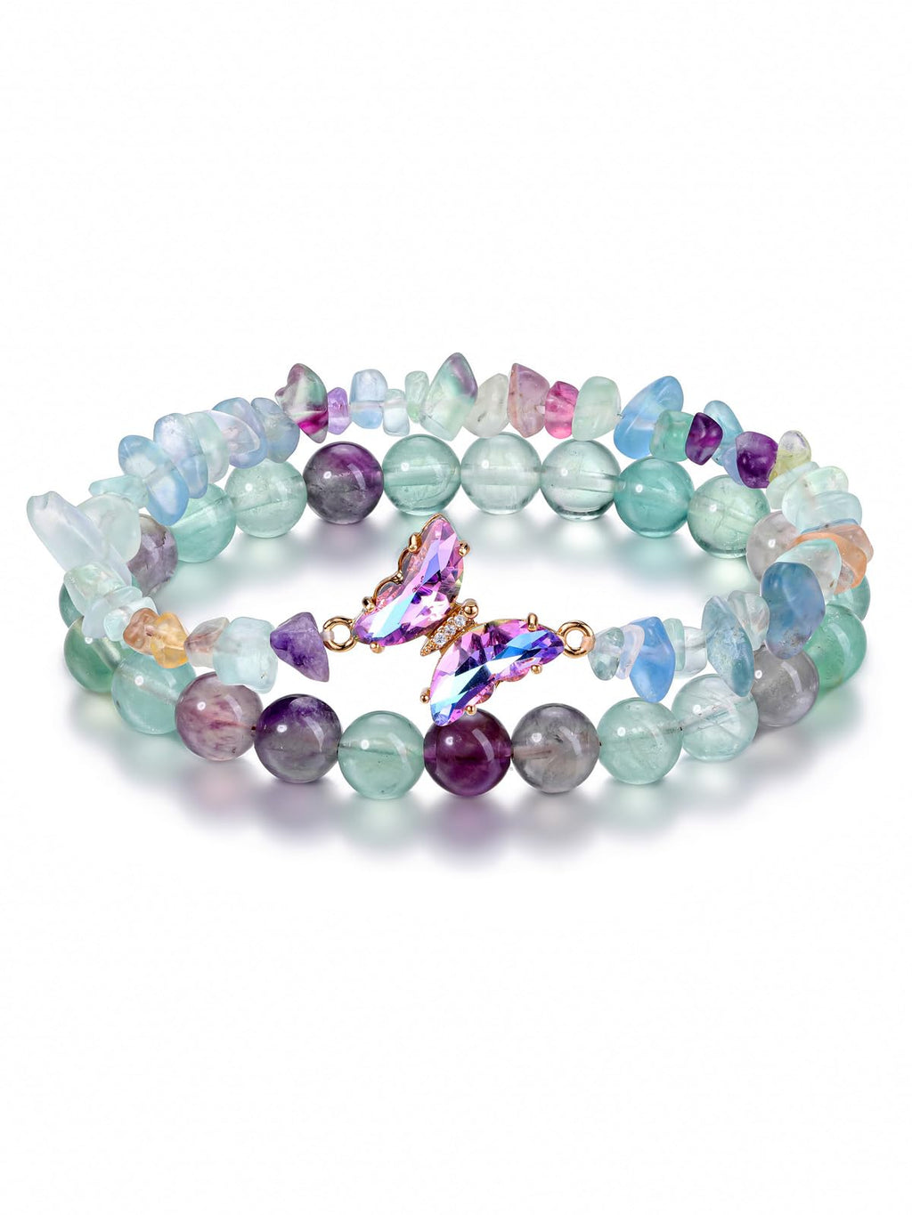 CrystalTears Schmetterling Armbänder Set 2pcs echt Edelsteine elastischer Perlenarmbänder Damen Amulett Schmuck spirituelle Geschenk