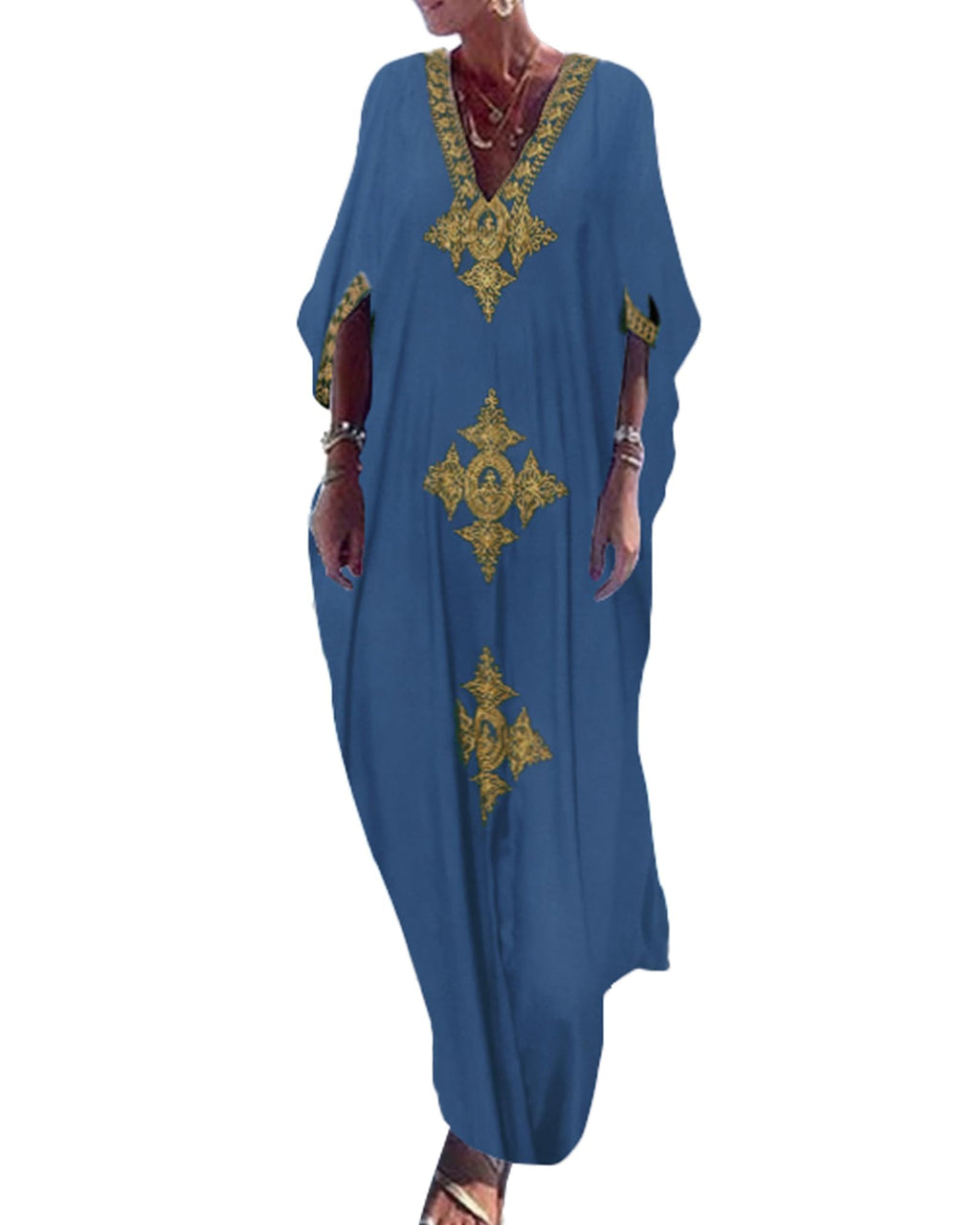 Bsubseach Gold Embroidery Long Kaftan Dresses V Neck Caftan Dress Beach Cover Ups for Women Embroidery