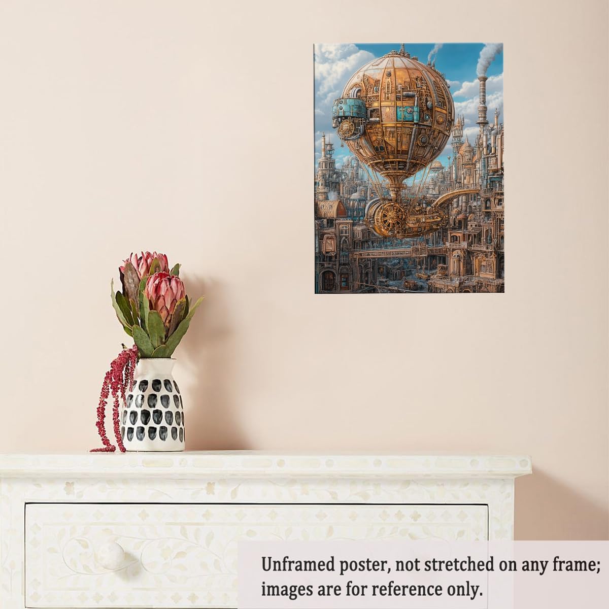 Steampunk Airship Canvas Wall Art Vintage Cityscape Illustration with Metallic Airship and Ornate Buildings Fantasy Sci-Fi Print for Office Lounge Studio Posters 11x14in Unframed