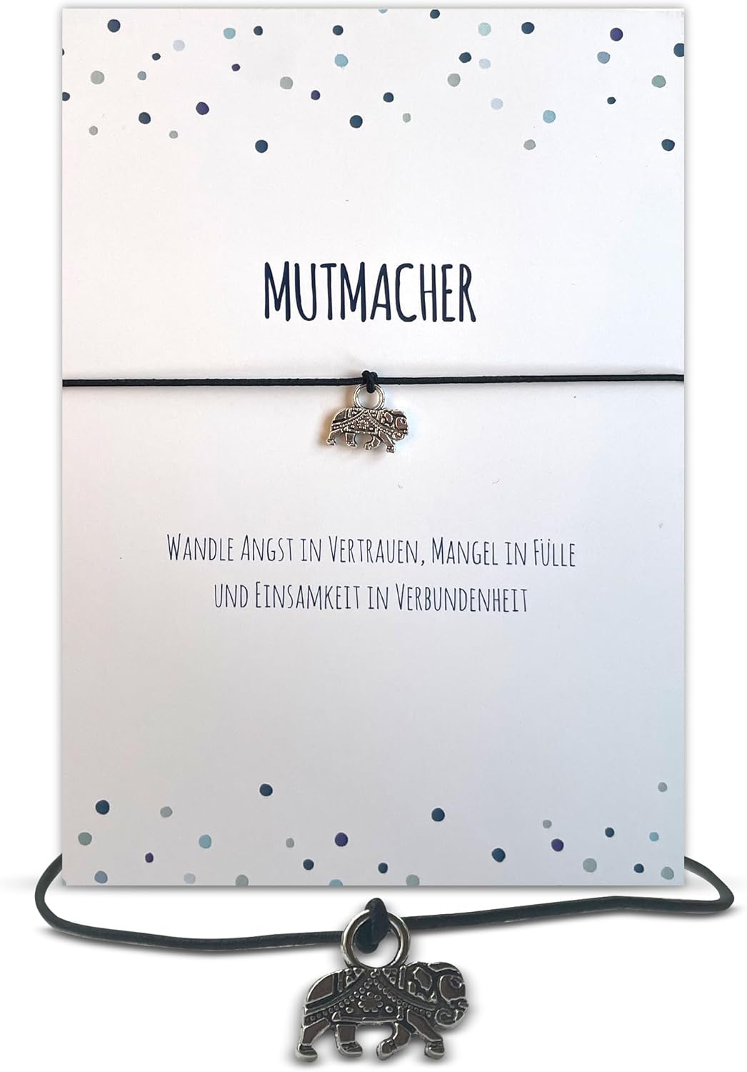 Glücksschmiedin - Mutmacher Geschenk, Motivations Postkarte mit Kraft Armband und Elefant Anhänger handgefertigt