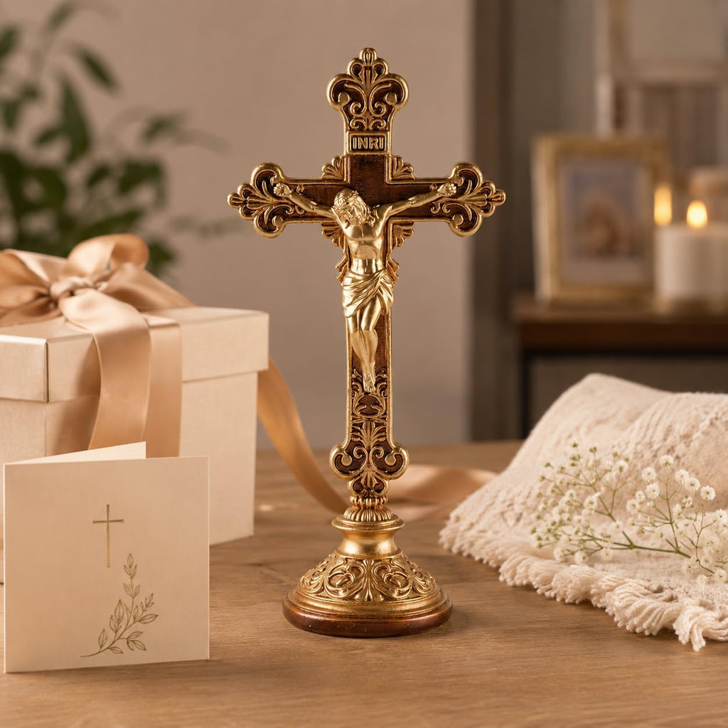 Jesus Christ Crucifix Statue with Base, 12 Inch Gold Resin Tabletop Cross, Elegant Religious Standing Crucifix Figurine for Home Altar, Catholic Spiritual Gift for Prayer, Meditation and Holiday Decor