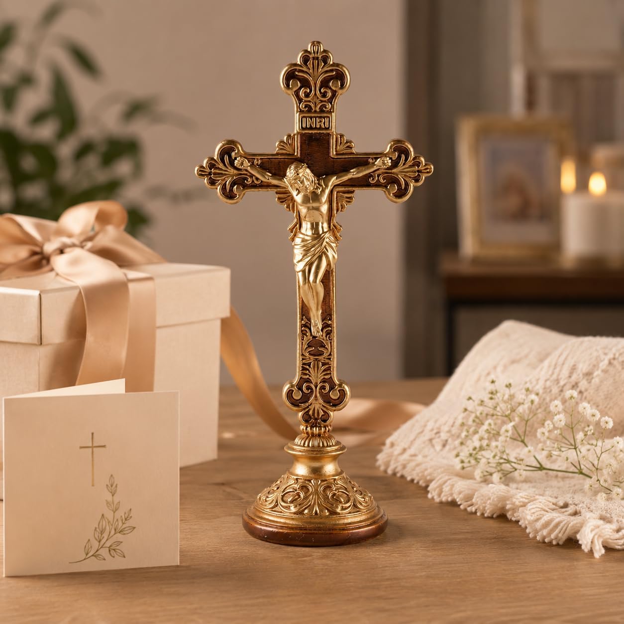 Jesus Christ Crucifix Statue with Base, 12 Inch Gold Resin Tabletop Cross, Elegant Religious Standing Crucifix Figurine for Home Altar, Catholic Spiritual Gift for Prayer, Meditation and Holiday Decor