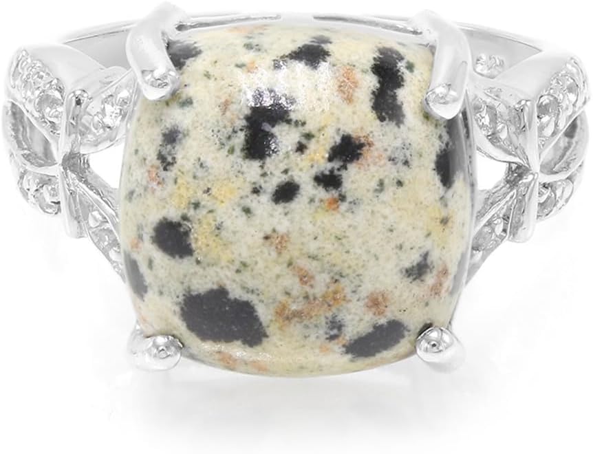 Cavill Dalmatiner-Jaspis Ring 8,06 ct mit 16 weißen Topasen 0,102 ct in 925er Sterlingsilber antiker Kissen-Cabochon-Schliff eleganter Schmuck USA Brasilien