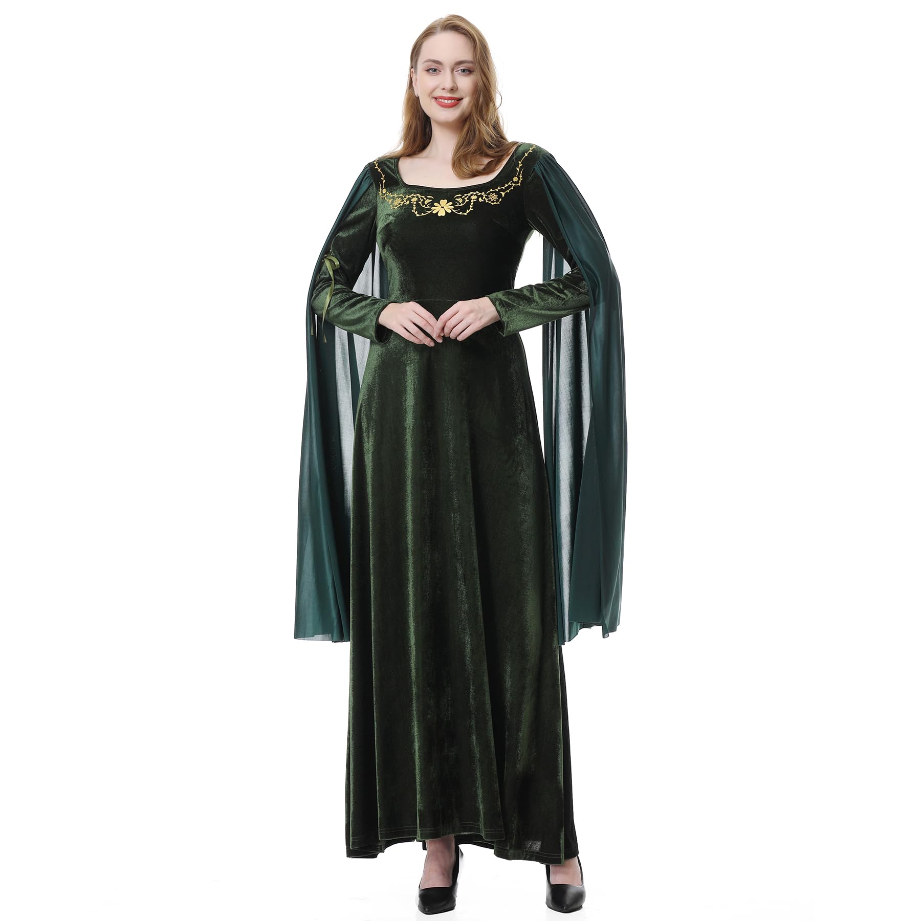 Colorful House Women Medieval Tea Party Dress Victorian Era Bubble Sleeves Velvet High Waist Long Dress with Belt and Gloves