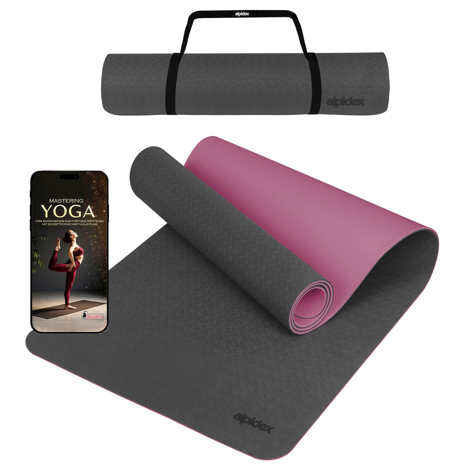 ALPIDEX Yoga Mat Non-Slip 190 x 61 x 0.6 cm | 190 x 90 x 0.6 cm E-Book Phthalate-Free Fitness TPE Mat Gymnastics Pilates Sports Yoga Training Mat