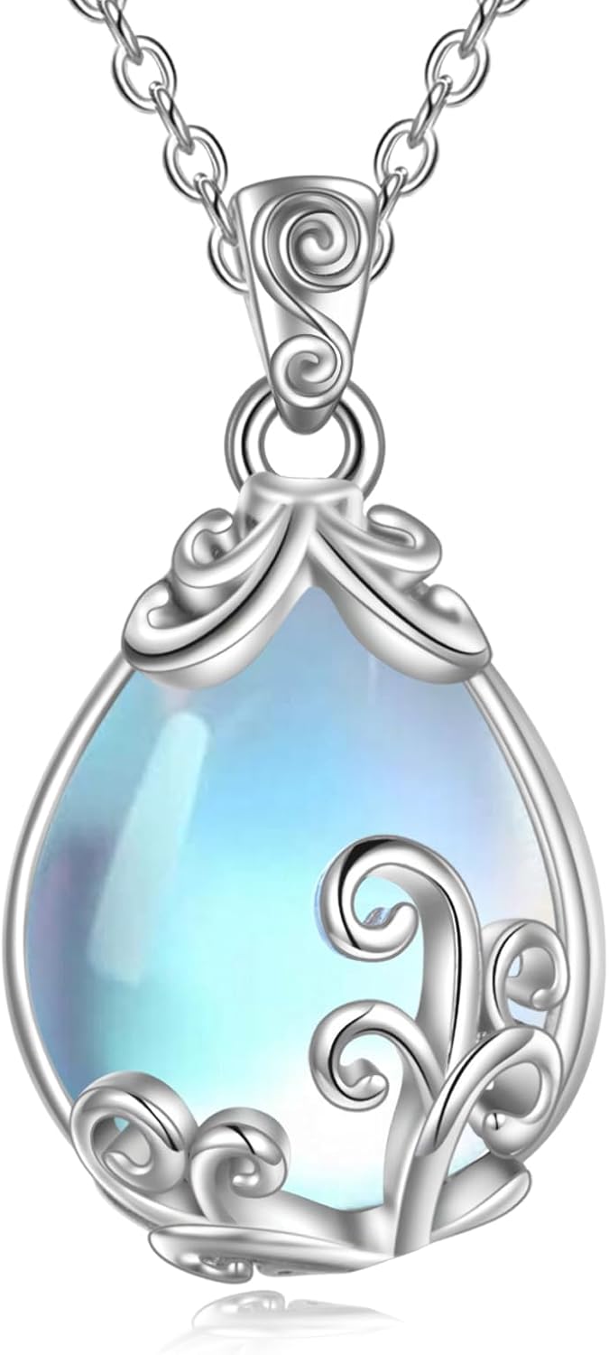 POPLYKE Sterling Silver Gemstone Filigree Teardrop Pendant Necklace Crystal Jewellery for Women