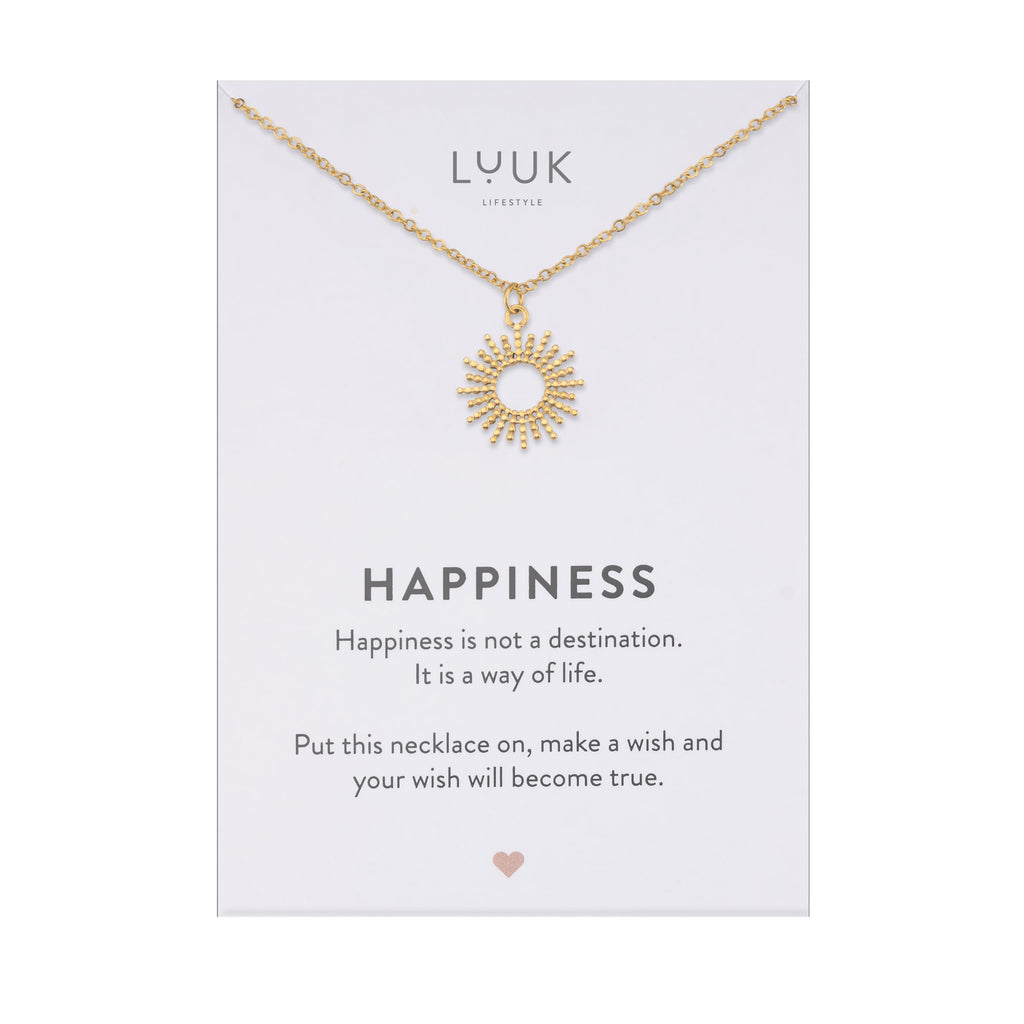 LUUK LIFESTYLE Filigrane Halsketten mit Anhänger und Karte mit HAPPINESS Spruch, zeitloses Design und moderne Motive, in Silber, Gold und Rosegold