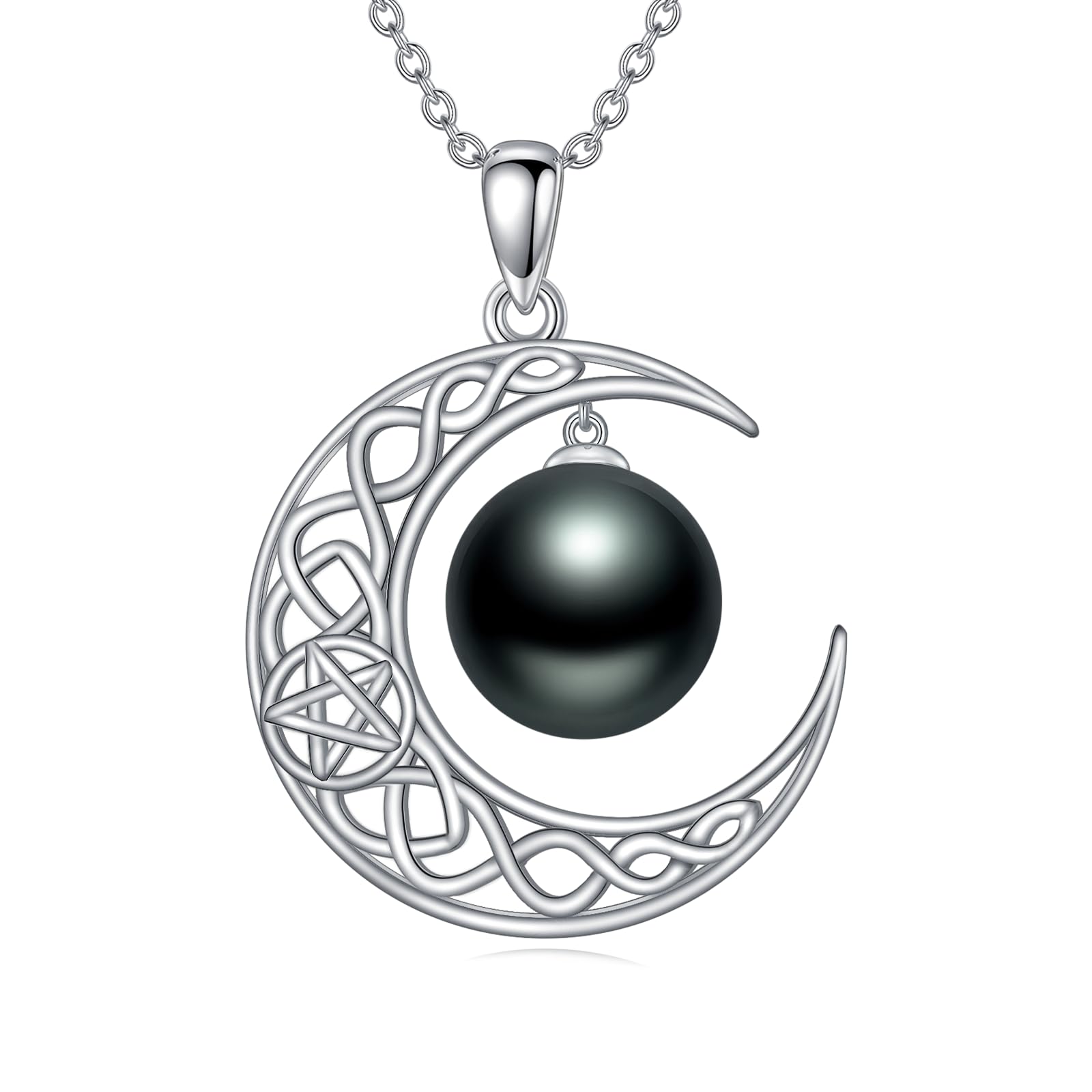 Black Pearl Pedant Necklace Celtic Moon for Womens ,Silver Forever Love 10mm Pearl 18"+2" inches Chain Neckalce for Mother's
