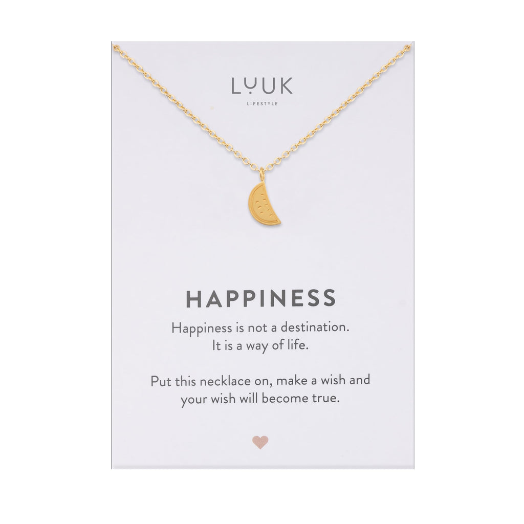 LUUK LIFESTYLE Filigrane Halsketten mit Anhänger und Karte mit HAPPINESS Spruch, zeitloses Design und moderne Motive, in Silber, Gold und Rosegold