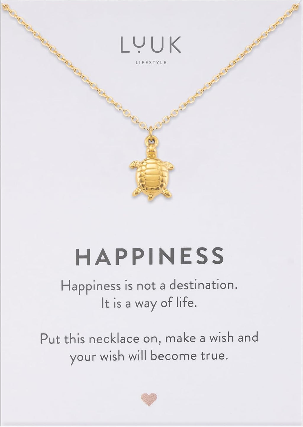 LUUK LIFESTYLE Filigrane Halsketten mit Anhänger und Karte mit HAPPINESS Spruch, zeitloses Design und moderne Motive, in Silber, Gold und Rosegold
