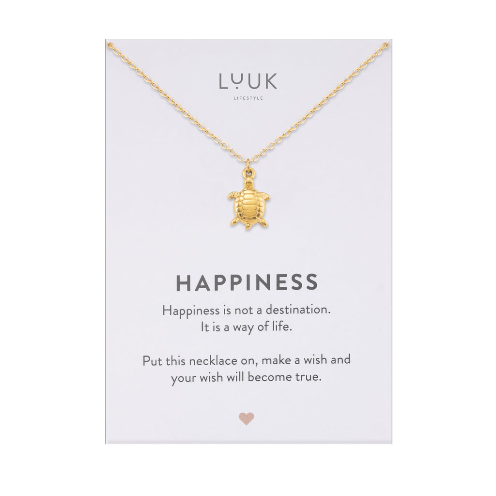 LUUK LIFESTYLE Filigrane Halsketten mit Anhänger und Karte mit HAPPINESS Spruch, zeitloses Design und moderne Motive, in Silber, Gold und Rosegold