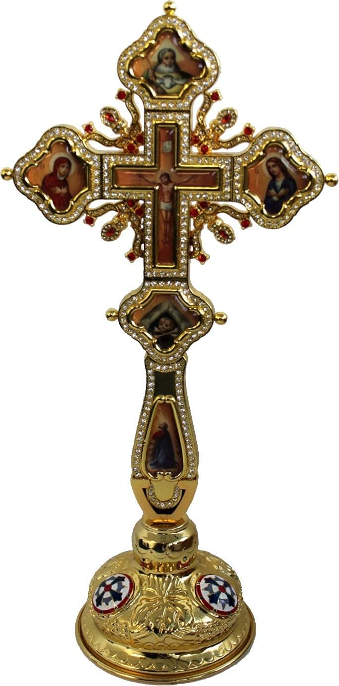 Holy Land Market Altar Orthodox Church Sacrificial Table Priestly Blessing Crucifix Decorated with Assorted Coloured Stones (16")
