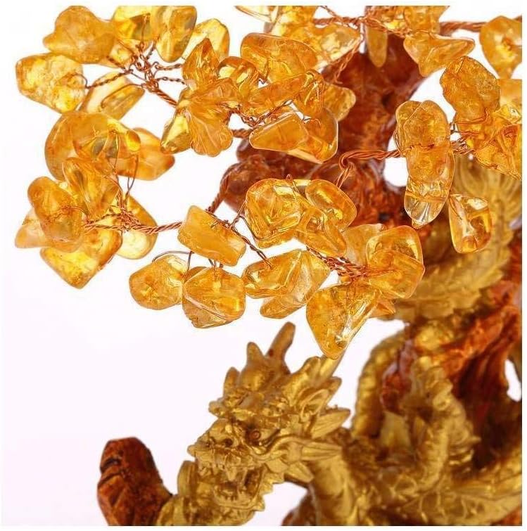 lachineuse - Drachenbaum aus gelbem Citrin – Feng Shui Baum 19 cm – asiatische Dekoration Japanischer Drache – Glücksbaum mit goldenem Drachen – asiatische Deko mit Edelsteinen – Objekt Japan Zen